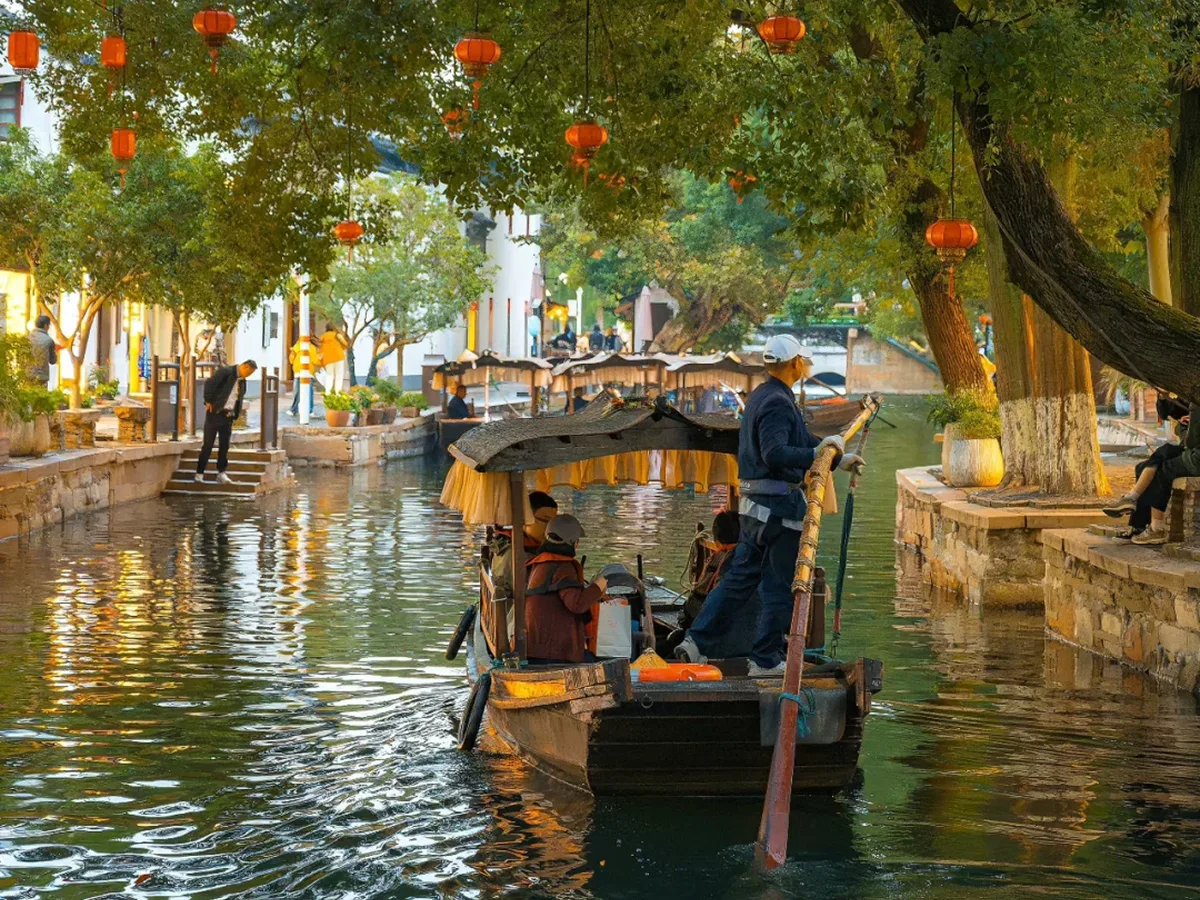 Wooden boat on a canal in Zhujiajiao water town