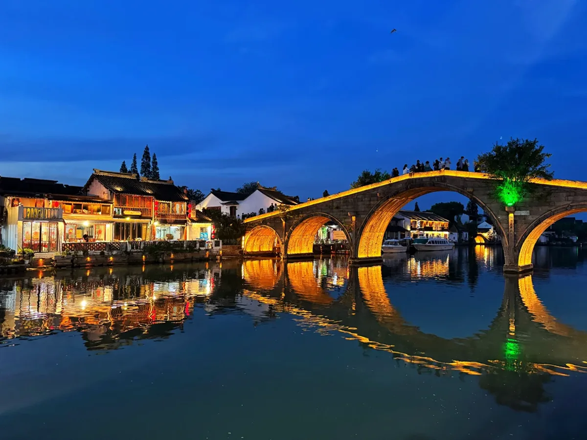 Zhujiajiao water town canals lit at night