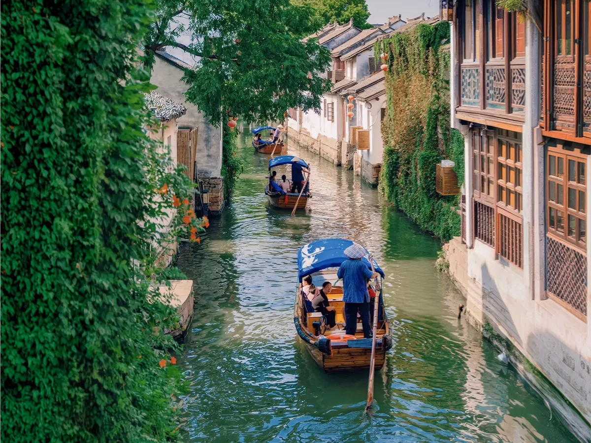 Wooden boat on a canal in Zhujiajiao near Shanghai