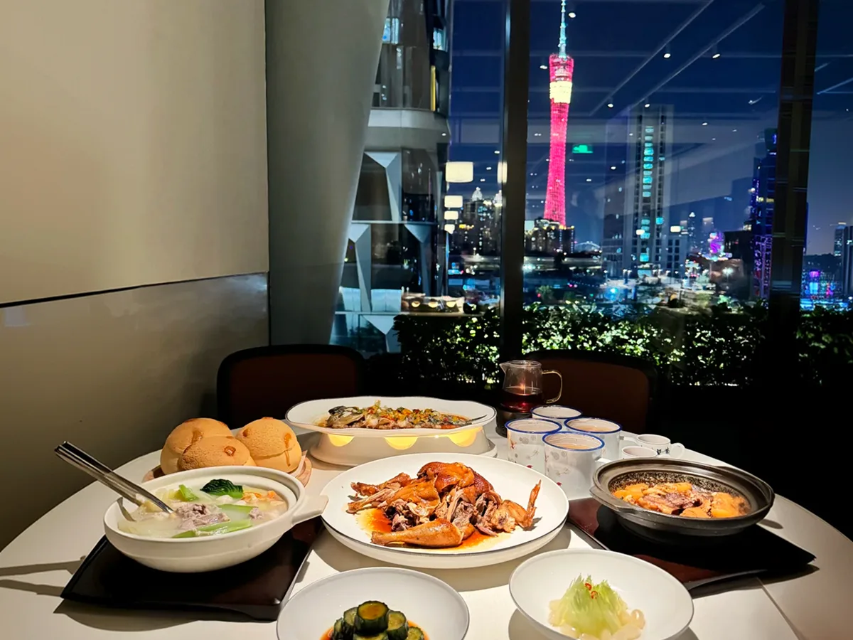 Cantonese dinner in Guangzhou with Canton Tower in the window